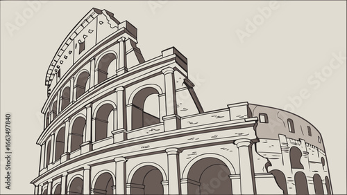 Illustration of the colosseum with arches and columns in a cartoon style perspective view