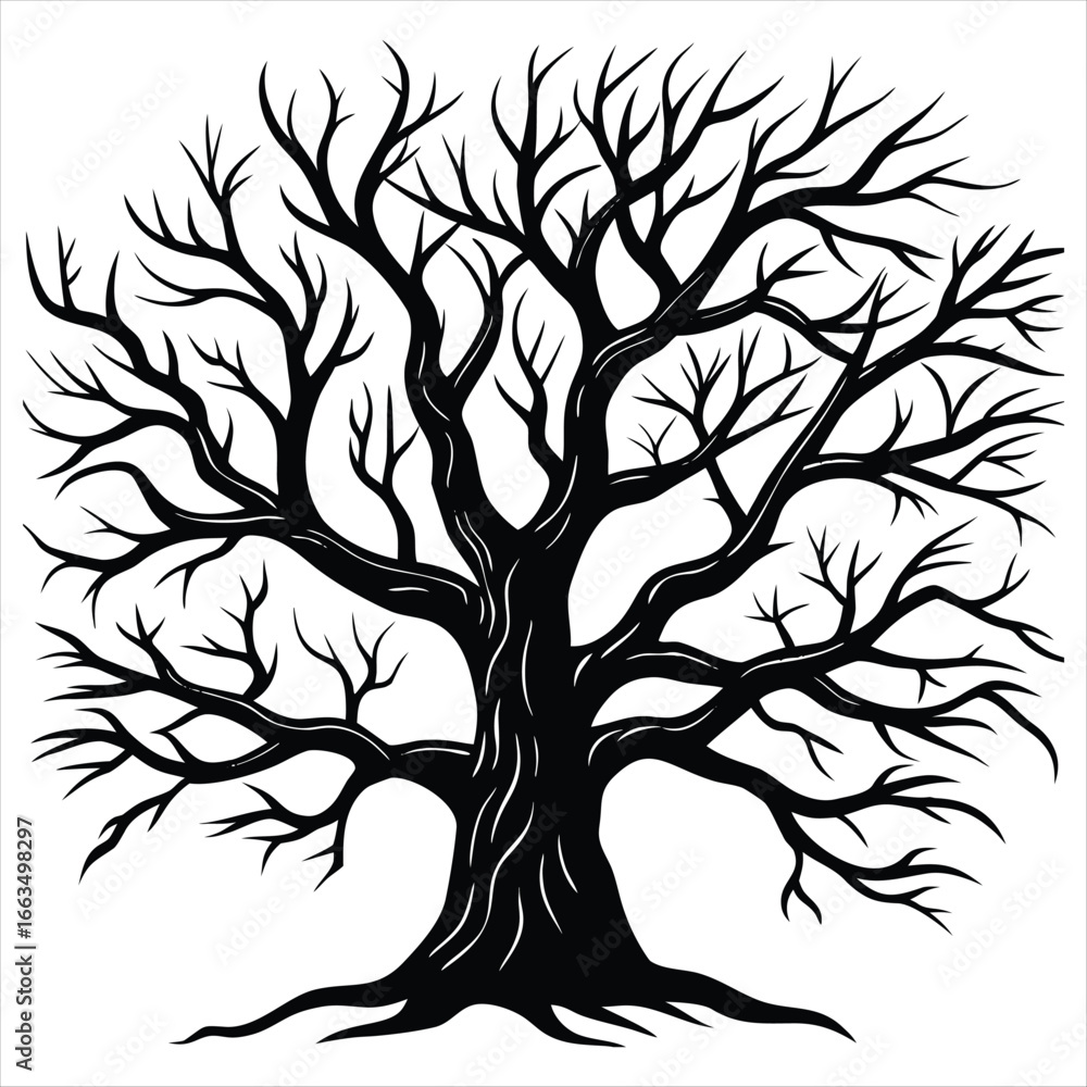Obraz premium Detailed Silhouette of a Bare Tree with Intricate Branches and Roots for Nature-Inspired Designs and Artistic Projects