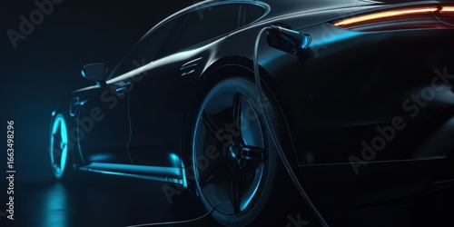 The sleek electric car charging in a dark futuristic environment.