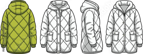 CAD drawing flat vector illustration of men’s cargo pants, front and back views, flap pockets, elastic waist, technical garment sketch, fashion design template, structured layout