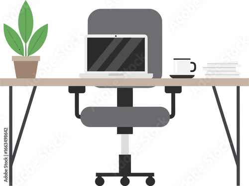 Modern Office Desk with Laptop, Plant, and Coffee Cup Illustration