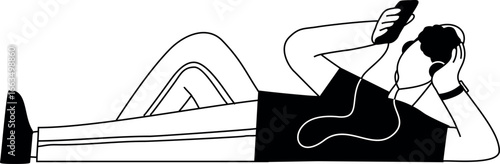 Relaxed Man Listening to Music: Minimalist Black and White Line Art Illustration