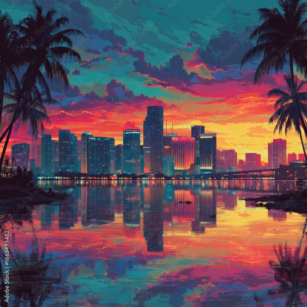 Obraz premium Miami sunset cityscape reflected in water