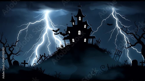 Spooky House with Lightning Strikes Animation Dark Night