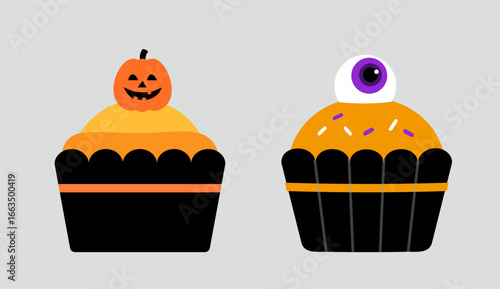 Set of Halloween sweet cupcake  flat stock vector illustration.
Halloween cupcake icons, and graphics.