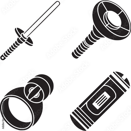 Art of collection of four black and white icons representing a sword, a screw, a ring, and a cassette tape, all isolated on a