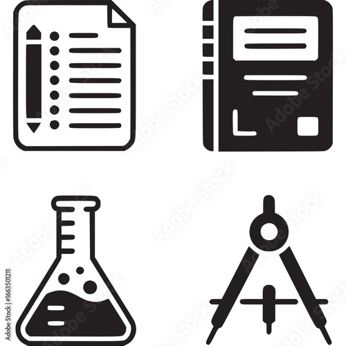 Art of set of four black and white icons symbolizing education and science a document with a list, a closed notebook, a science flask, and a drawing compass, isolated on white