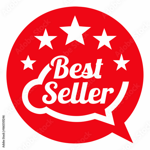 Red best seller badge with white stars and speech bubble
