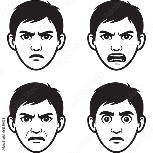 Art of four black and white icons depicting male faces with different angry and shocked expressions, isolated on a