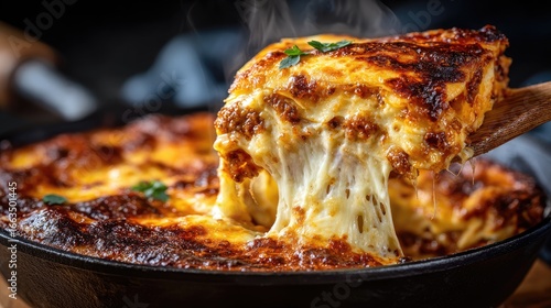 Lasagna in cast iron pan, steaming hot