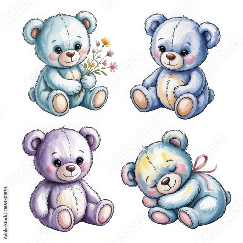 Set of blue teddy bear watercolor collection illustration isolated on white and transparent background.