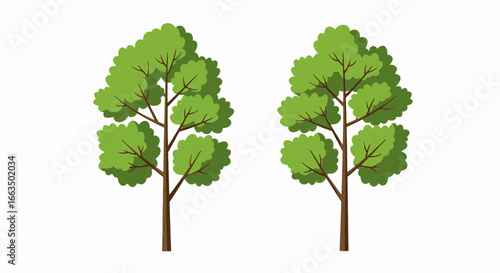 A set of two stylized green summer trees with lush foliage, flat design vector illustration
