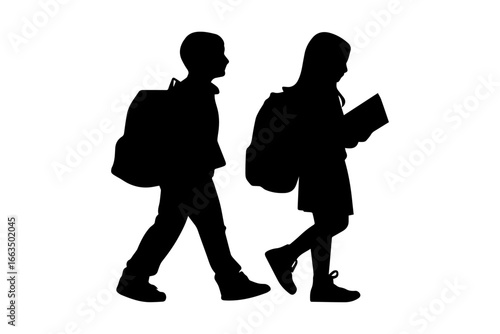 Silhouette of Schoolboy and Schoolgirl Walking with Backpacks