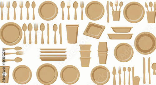 Collection of eco-friendly disposable tableware plates, cups, and utensils for sustainable living and events