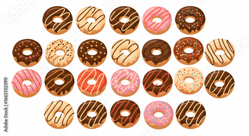 A delicious collection of sweet assorted doughnuts with colorful frosting and sprinkles