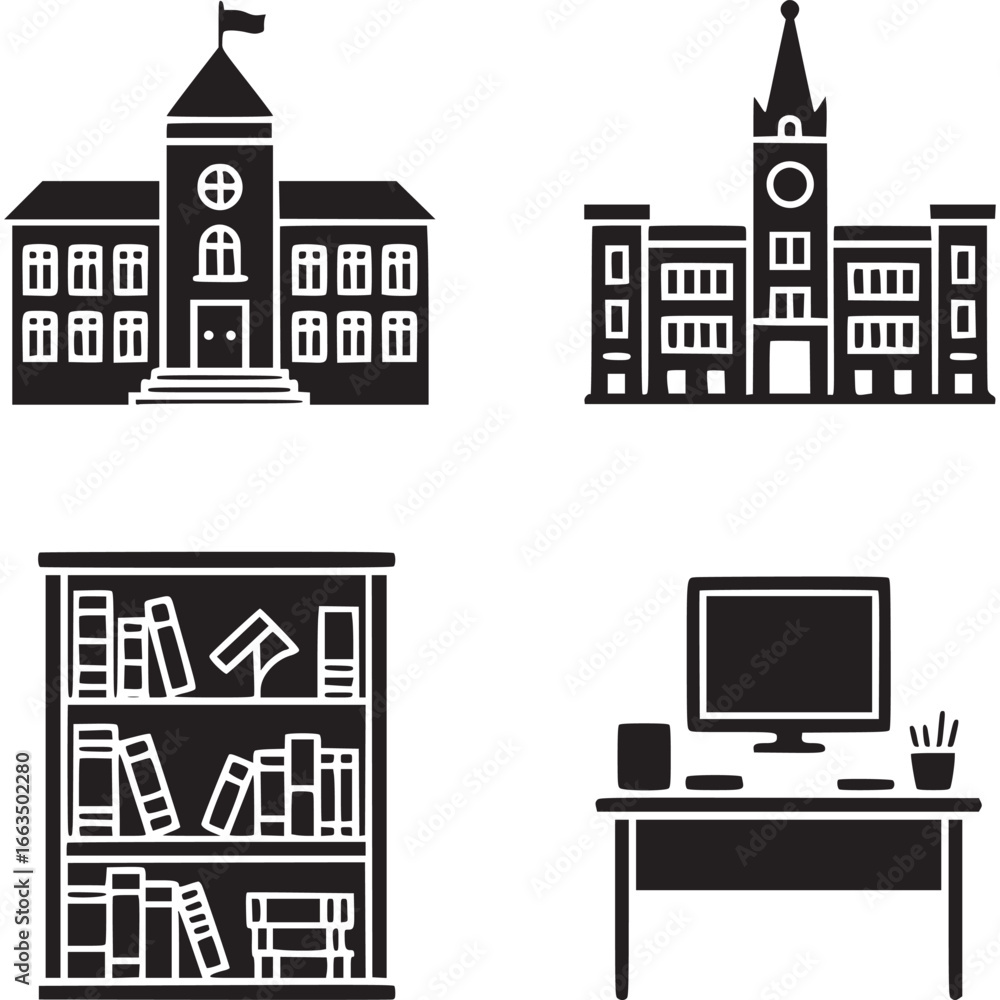 Fototapeta premium Art of set of educational and office icons including school buildings, library bookshelf, and computer desk setup