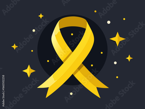 Yellow ribbon symbol of hope and support against dark background with stars