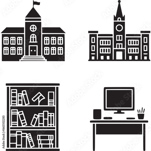 Art of set of educational and office icons including school buildings, library bookshelf, and computer desk setup