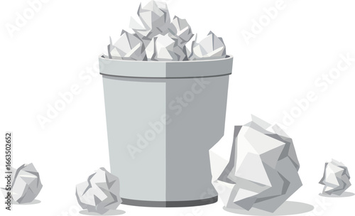 Gray Trash Can with Crumpled Paper Waste