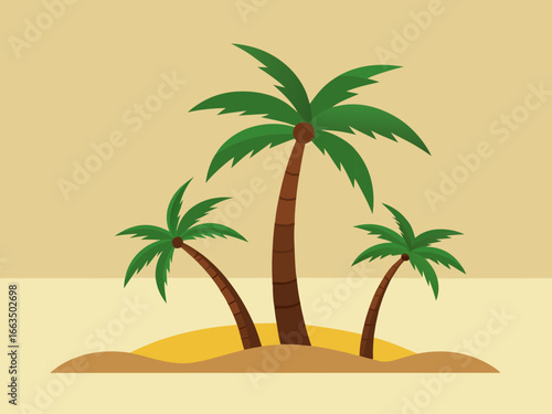 Tropical island scene with three palm trees
