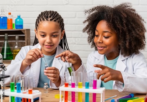 Young girls in white lab coats happily conduct a hands on science experiment with colorful liquids in test tubes.