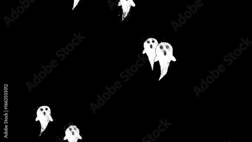 Cartoon doodle creepy ghosts fly. Ghost fly transition with hand drawn scrible scratches. Isolated Halloween elements. Happy halloween. Flock of flying ghost. 2d animation. Scary 4k stock footage.