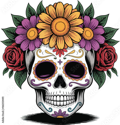 Gothic tattoo illustration of a human skull with roses and flowers featuring a vector skeleton head design for a death and horror art symbol