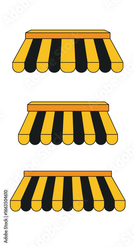 Three colorful striped awnings provide shade above storefronts under bright sunlight