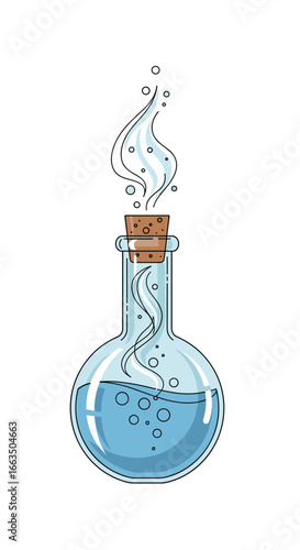 Magical elixir brewed in a round glass flask with bubbles and steam escaping