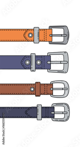 Four different colored leather belts with metal buckles presented top down