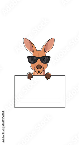 Cool kangaroo wearing sunglasses peeking over a white background with text lines