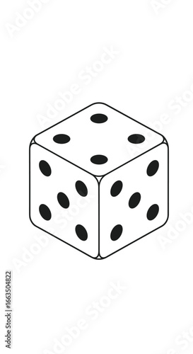 A simple isometric illustration of a six-sided die with black pips