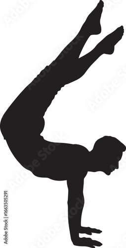 Silhouette of a man in the handstand yoga pose for fitness, wellness, and exercise isolated on a solid white background