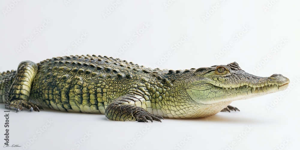 Naklejka premium The Crocodile Lying Gracefully on a White Background