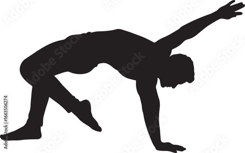 Vector illustration of a man performing a dynamic yoga or acrobatic pose, showcasing flexibility, strength, and physical balance for a healthy lifestyle