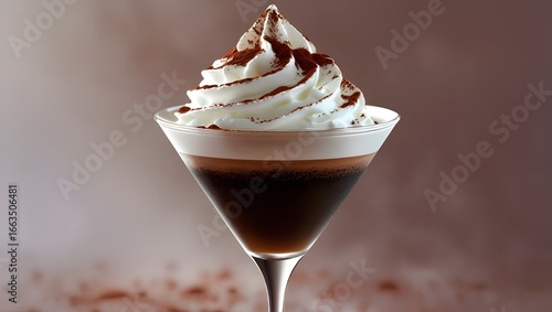 Espresso martini topped with a generous dollop of whipped cream and sprinkled with rich cocoa powder