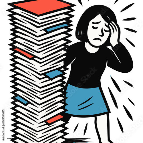 Businesswoman with Tower of Documents – Paperwork Overload, Office Stress and Career Pressure Vector Illustration
