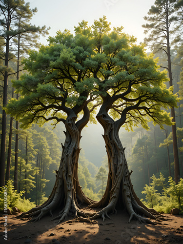 Two trees, once separated, now entwined, symbolizing reconciliation, forgiveness, and the power of rekindling relationships, against a serene, sunny forest landscape background.