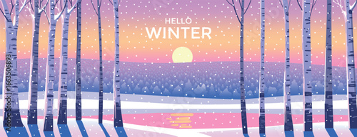 Winter vector landscape, nature panorama with birch trees under snow in the foreground, forest, flying snowflakes and bright sky in the background. Can be used for gifts, banners, book covers etc.