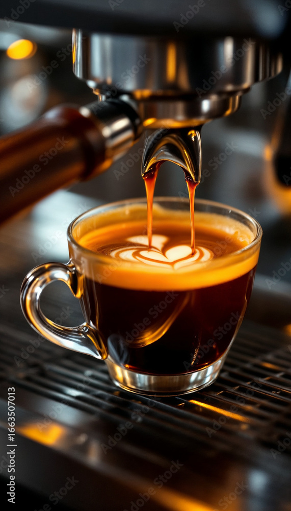 Fototapeta premium Close-up of espresso machine pouring coffee with crema in warm lighting