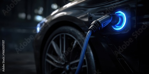 The electric car charging with a futuristic design and vibrant blue light