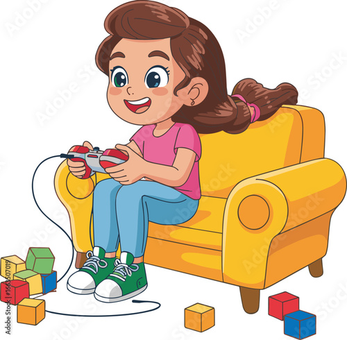 Cute cartoon girl playing video games, sitting on a yellow armchair, holding a controller, with colorful blocks, fun home entertainment concept.