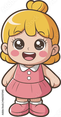 Cute cartoon little girl character, smiling kid in pink dress, adorable child vector illustration, happy preschooler clipart, isolated on white