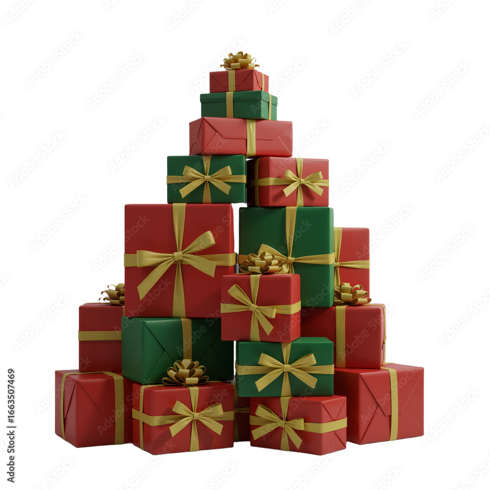 Obraz premium A festive pyramid of Christmas gifts wrapped in red, green, and gold ribbons, glowing with holiday magic. A symbol of joy, anticipation, and the warmth of giving, set against a pristine white backgrou