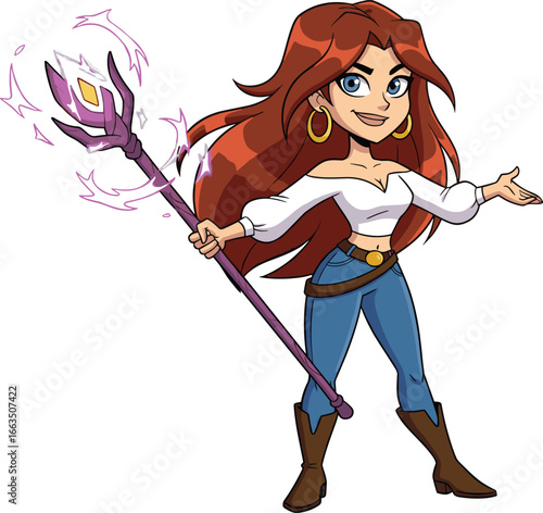 Fantasy sorceress cartoon character with magical staff, confident female wizard in stylish outfit, powerful enchantress illustration for game, animation, or storytelling