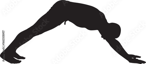 Silhouette of a person in the yoga downward facing dog pose for fitness, wellness, and exercise isolated on a solid white background