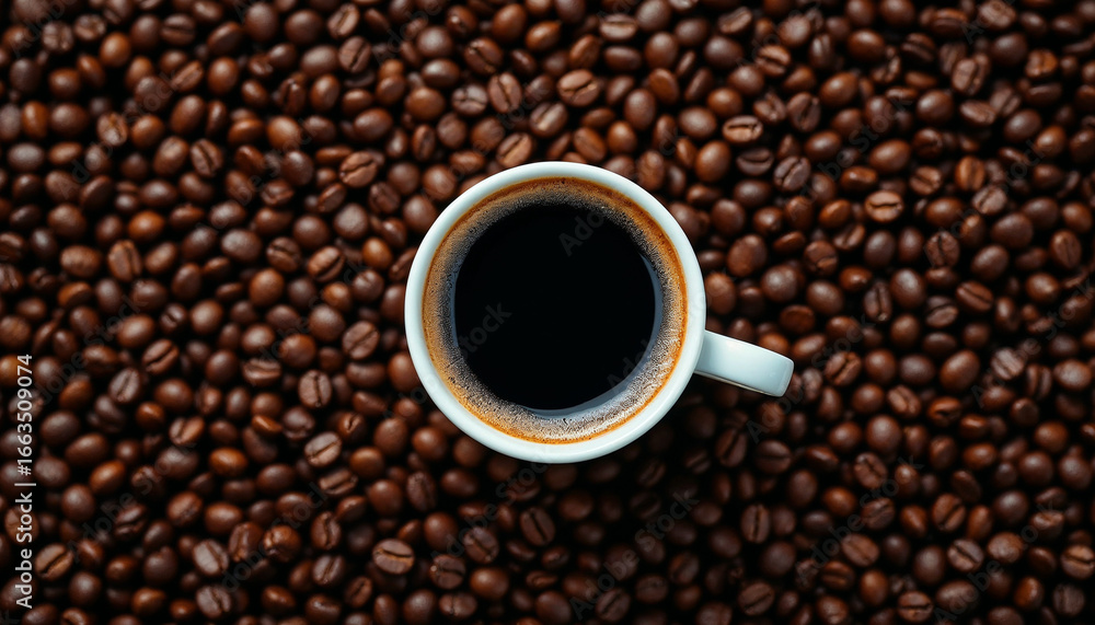 Fototapeta premium Top-down shot of glossy Arabica beans with espresso cup and rich crema