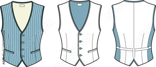 CAD drawing flat vector illustration of men’s waistcoats, front and back views, pinstripe and solid styles, formal fashion sketch, garment layout, tailored vest design, clothing template