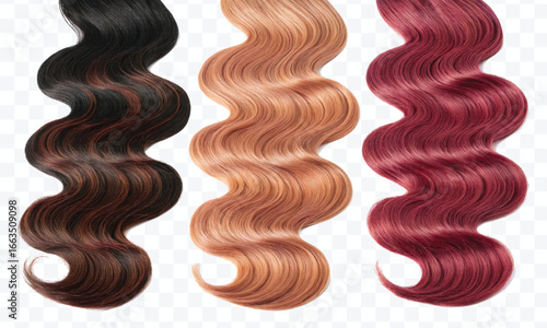 realistic 3d  three copper hair swatches in different colour style isolated on transparent background