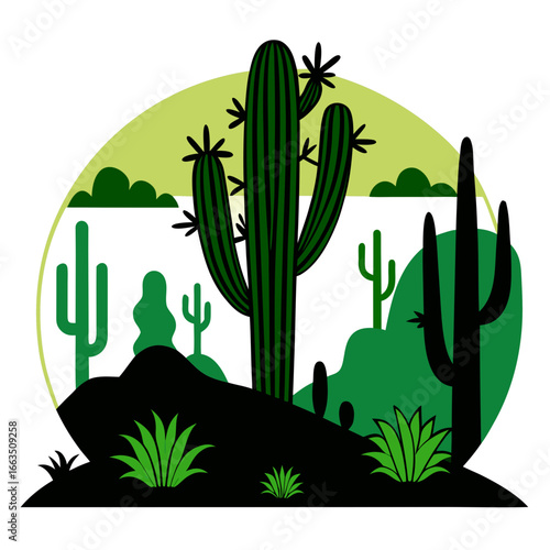 Cactus Scene Clipart Silhouette  on white background 